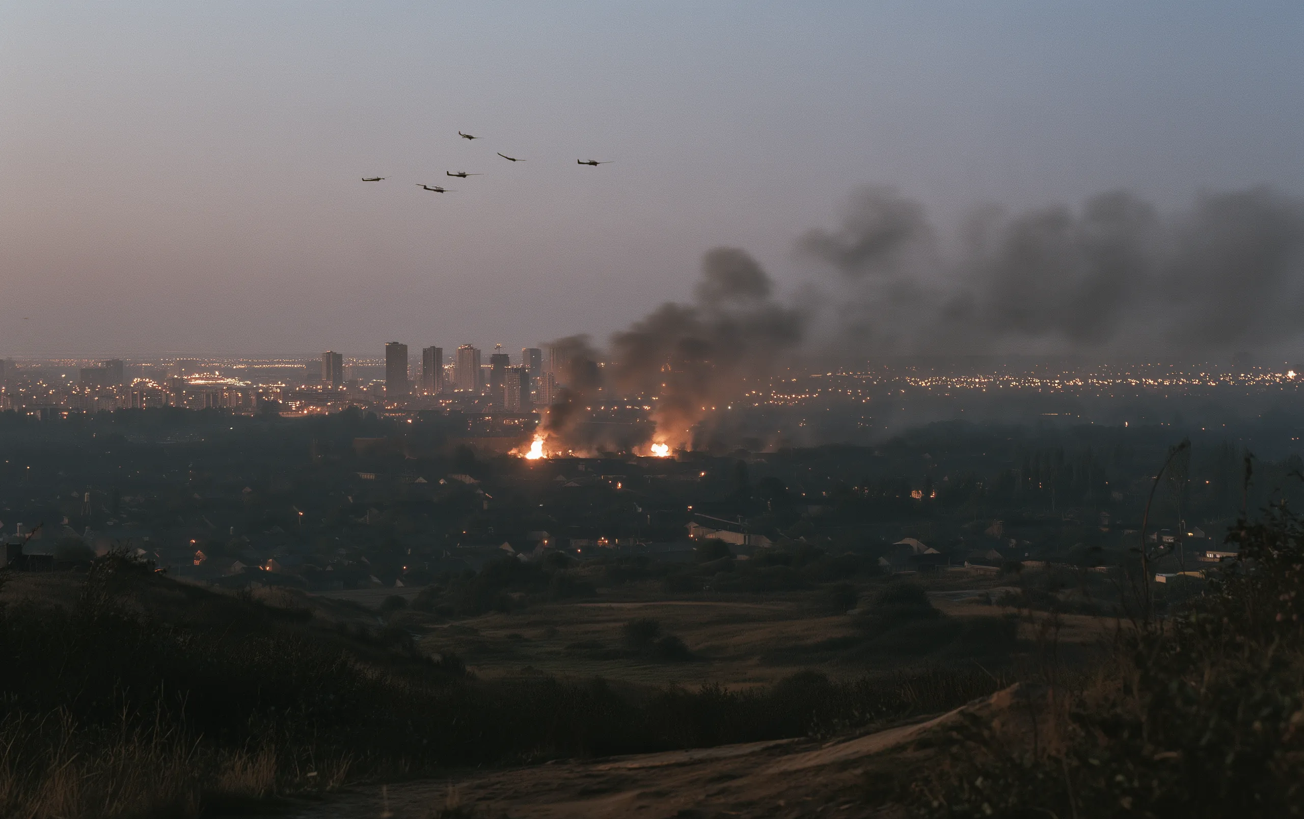 Weiter Blick von einem Hügel über eine Stadt in der Dämmerung; mitten in den Häusern brennen zwei Feuer und ihr Rauch steht in Säulen, hoch am Himmel zieht eine lose Formation kleiner Flugzeuge