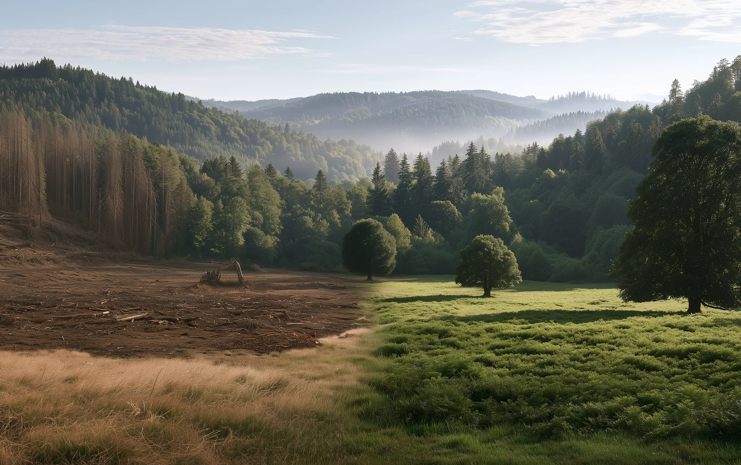 Ein Tal am Morgen: links gerodetes Land mit abgestorbenen Stämmen und aufgerissener Erde, rechts unberührter grüner Wald und eine Wiese