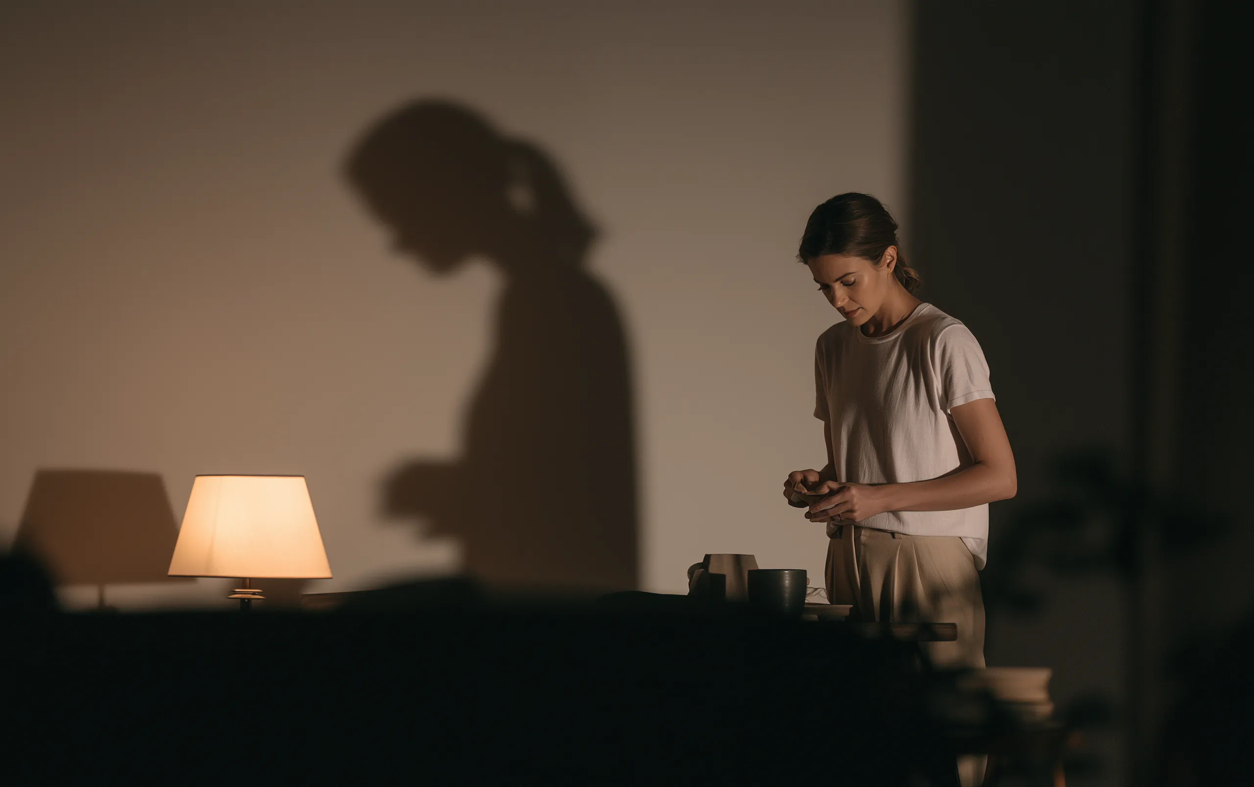 Eine Frau steht abends allein am Küchentresen im Licht einer Lampe, und an der Wand hinter ihr steht ein großer Schatten, den sie nicht wirft