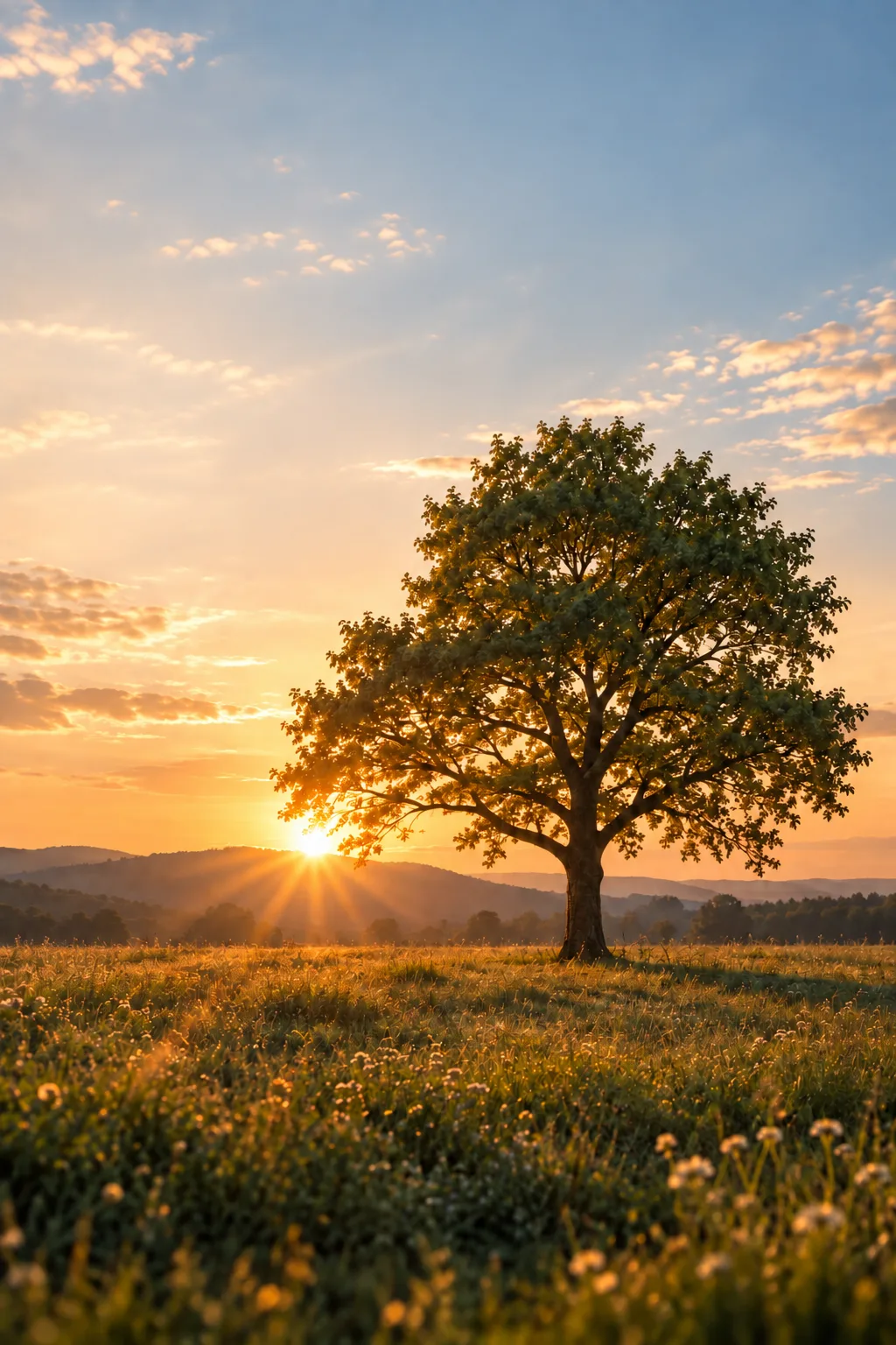 Ein einzelner Baum in einer Wiese vor der aufgehenden Sonne